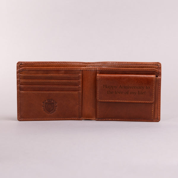 Personalised Engraved Cognac Bifold Leather Wallet