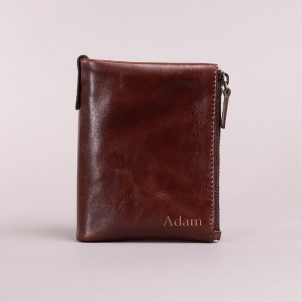 Personalised Engraved Dark Brown Bifold Double Zip Leather Wallet