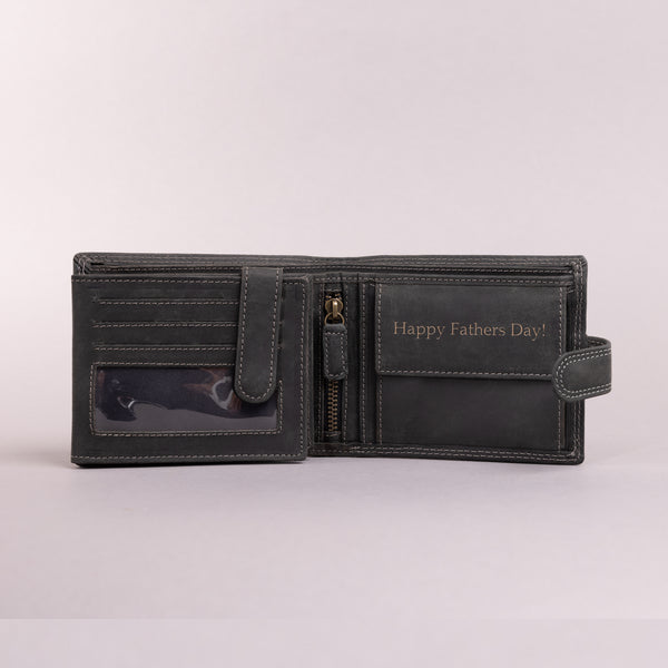 Personalised Engraved Bifold Black Hunter Leather Wallet With Coin Pocket