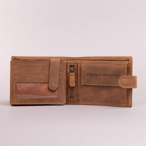 Personalised Engraved Bifold Cognac Hunter Leather Wallet With Coin Pocket