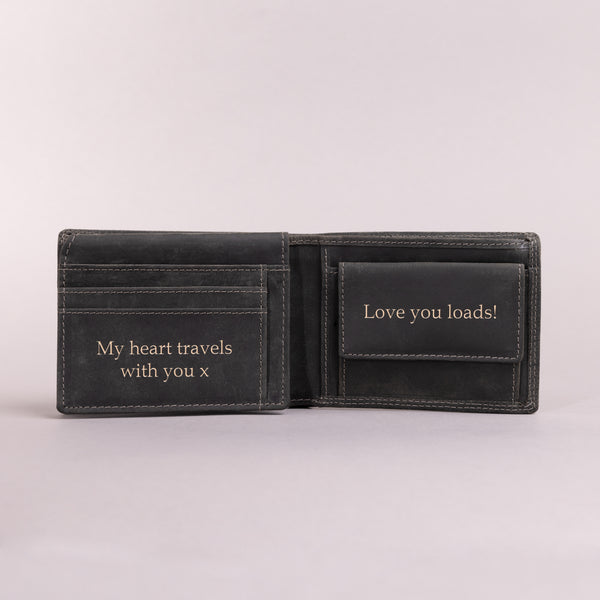 Personalised Engraved Bifold Black Hunter Leather Wallet With Coin Pocket