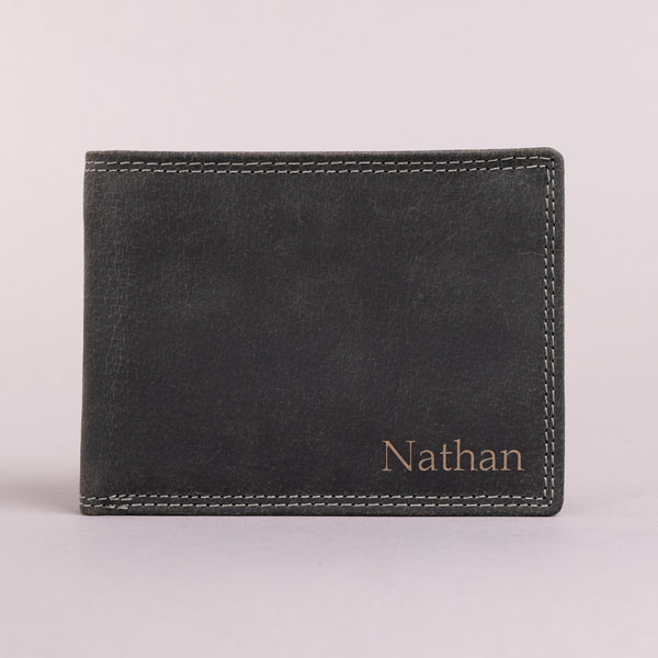 Personalised Engraved Bifold Black Hunter Leather Wallet With Coin Pocket