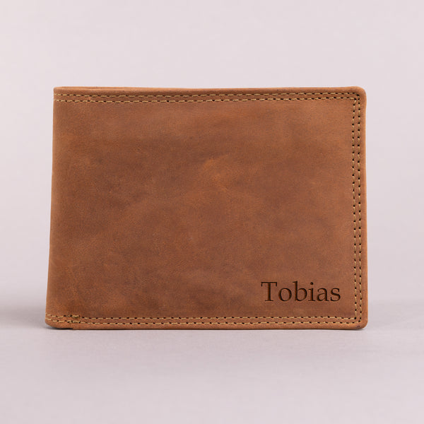 Personalised Engraved Bifold Cognac Hunter Leather Wallet With Coin Pocket